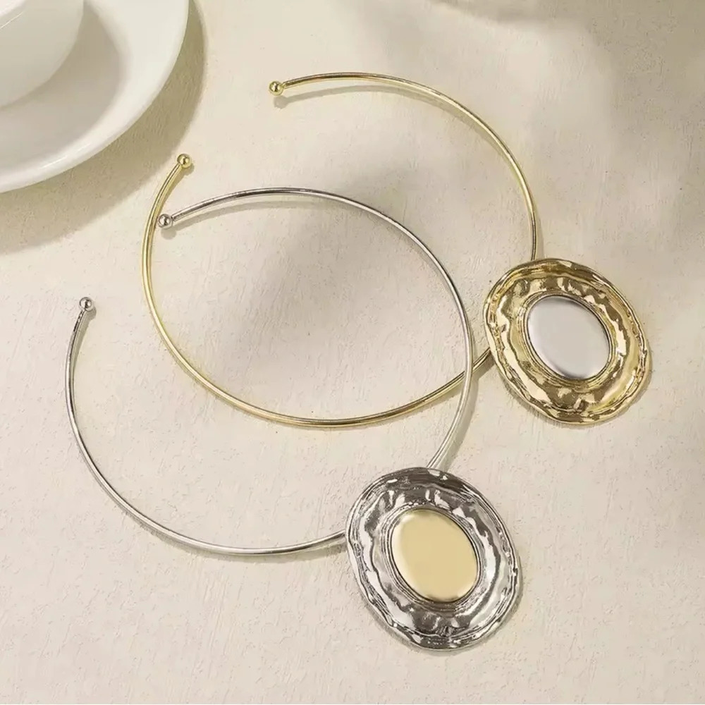 Silver Button Oval Bangle Necklace